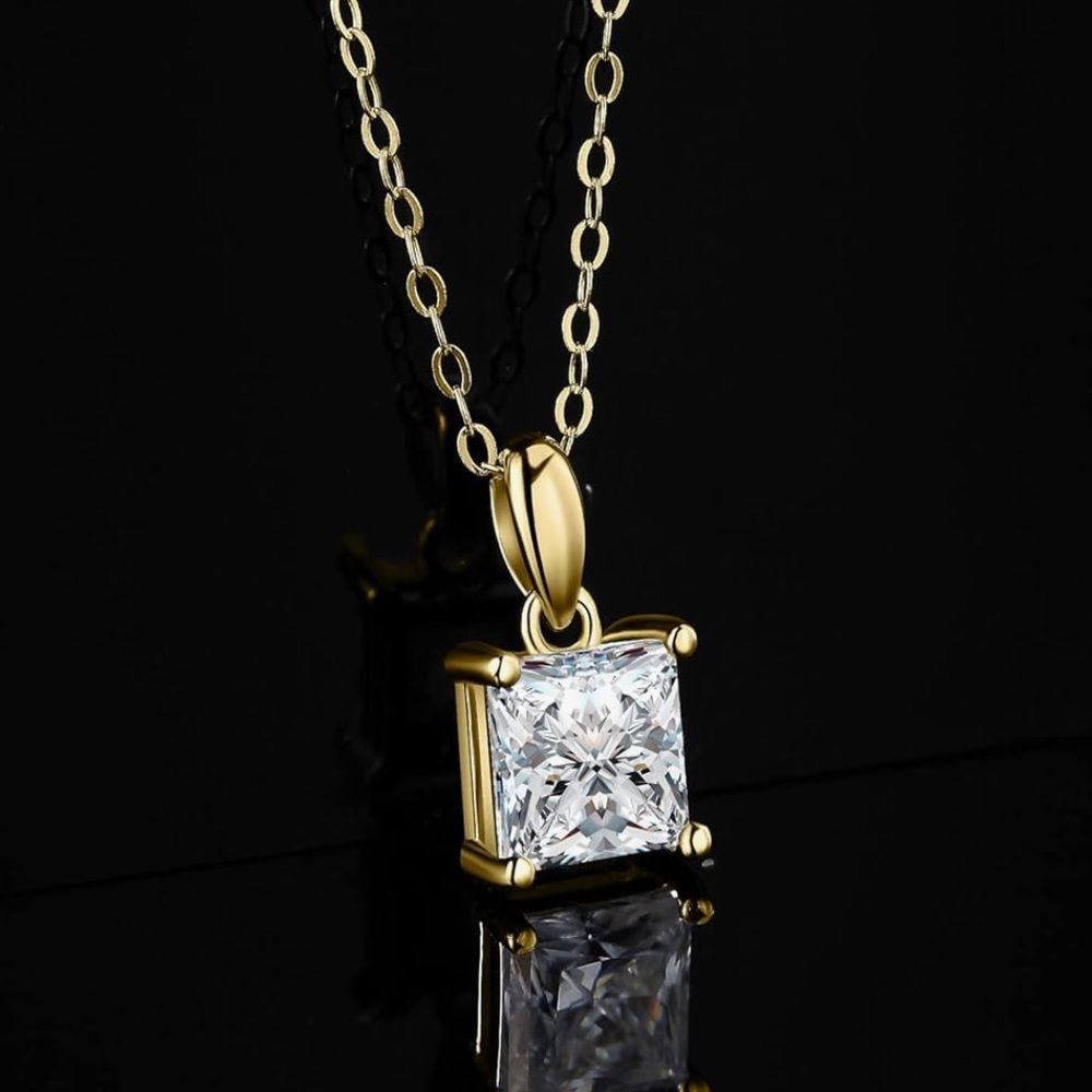 1ct Princess Cut Moissanite Solitaire Pendant 14K Gold Plated 925 Silver 18”